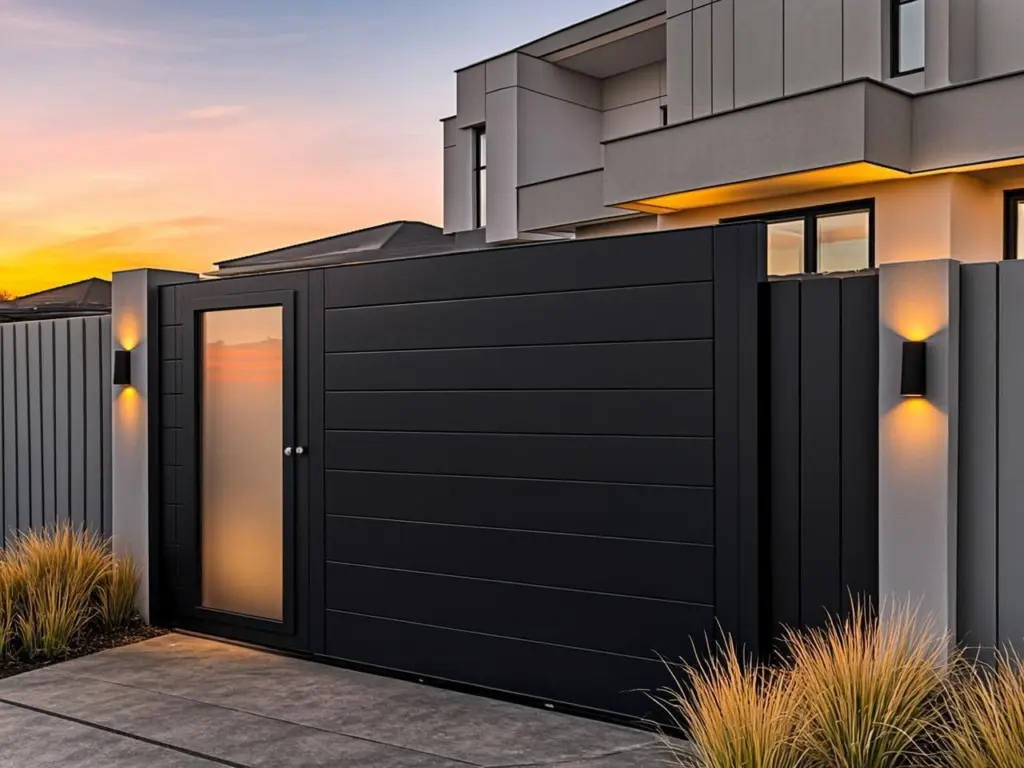 A stunning photograph of a modern property entrance at golden hour, featuring a sleek anthracite-grey powder-coated aluminium slat fence running along a landscaped front garden, with a matching automated double driveway gate in the foreground. Beside the entrance stands an elegant steel-framed front door with frosted glass panels and a brushed metal handle, framed by contemporary wall-mounted lighting. The fence's clean vertical lines contrast with lush green planting of ornamental grasses, while the warm evening light catches the matte metal surfaces, highlighting their premium finish and craftsmanship.