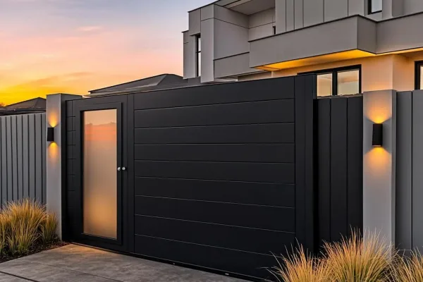 A stunning photograph of a modern property entrance at golden hour, featuring a sleek anthracite-grey powder-coated aluminium slat fence running along a landscaped front garden, with a matching automated double driveway gate in the foreground. Beside the entrance stands an elegant steel-framed front door with frosted glass panels and a brushed metal handle, framed by contemporary wall-mounted lighting. The fence's clean vertical lines contrast with lush green planting of ornamental grasses, while the warm evening light catches the matte metal surfaces, highlighting their premium finish and craftsmanship.
